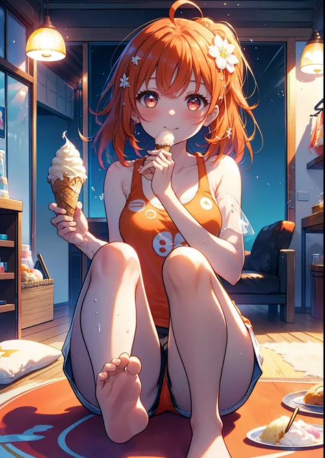 Takahai Chige,Orange Hair,Red eyes,smile,blush,Open your mouth,Long Hair,Ahoge,Orange tank top,Shorts,barefoot,Holding and eating ice cream with both hands,Sitting on the sofa,Daytime,Clear skies,　　　　　　　　　　　　　　　break indoors, room, 　　　　　　　　　　　　　break looki...