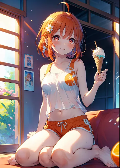 takahai chige,orange hair,red eyes,smile,blush,open your mouth,long hair,ahoge,orange tank top,shorts,barefoot,holding and eatin...