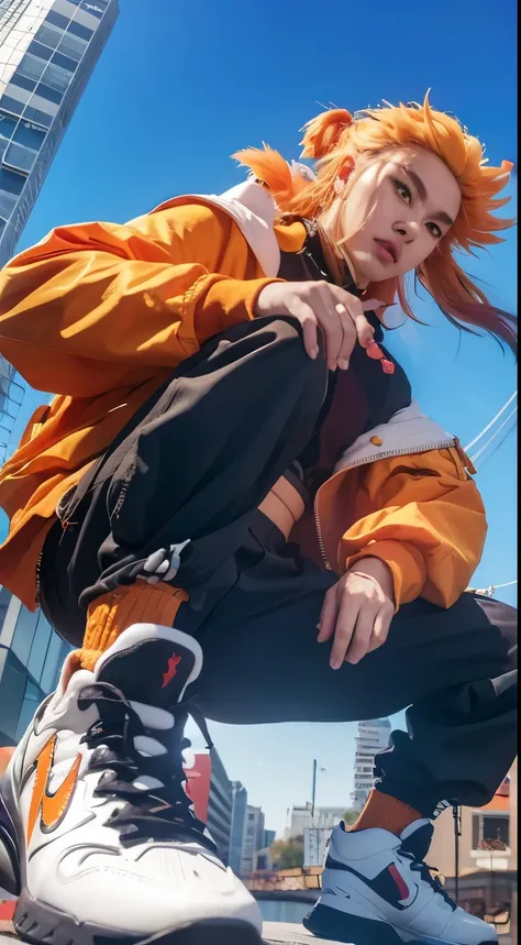 Rengoku, demon slayer, yellow hair, yellow eyes, orange jacket, detailed hand:1.2, detailed face :1.2, detailed eyes:1.2, modern city background, ultra-realistic, ultra-detailed, bestquality, masterpiece.