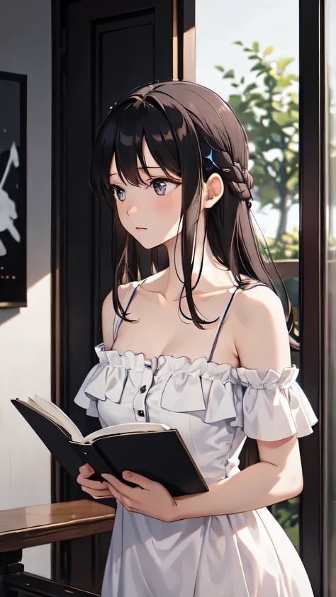 ((best quality)), ((masterpiece)), (detailed), 1girl, sexly,Summer afternoon、A beautiful girl is wearing an off-shoulder dress by the window at home、I listen to music while reading a novel。Outside, the thunder rumbles、She plays the sound as background musi...