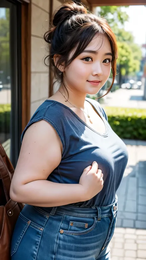 (Plump and chubby girl)、(Detailed facial features)She&#39;s plump, but if she loses weight she&#39;ll have a beautiful face.、(Detailed clothing features)Training wear、One Girl、(Full Body Shot)、alone、cute、Happy smile、(Big Breasts)、Short Bob、Black-haired、bla...