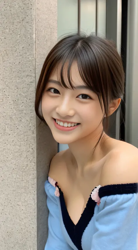 masterpiece,best quality,(Japanese girl),((Beautiful girl)),cleavage,(off shoulder:1.2),(perfect body beauty:1.2),(shy smile),beautiful teeth,From slightly above