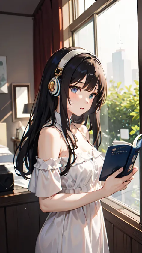 ((best quality)), ((masterpiece)), (detailed), 1girl, sexly,Summer afternoon、A beautiful girl is wearing an off-shoulder dress by the window at home、I listen to music while reading a novel。Outside, the thunder rumbles、She plays the sound as background musi...