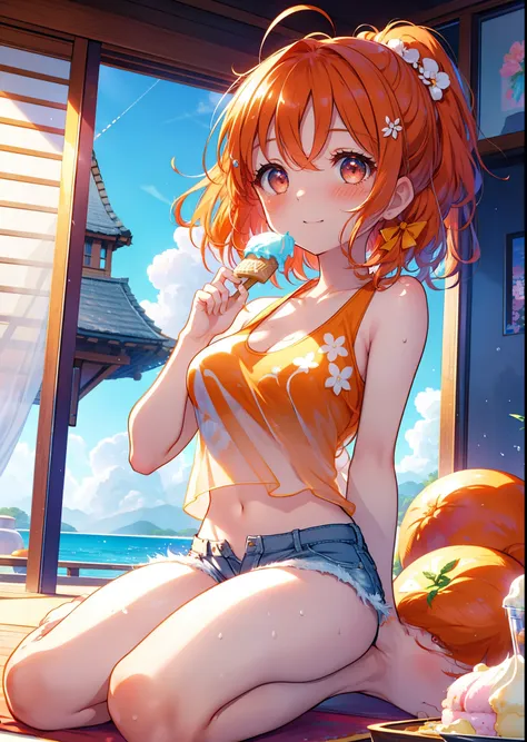 takahai chige,orange hair,red eyes,smile,blush,open your mouth,long hair,ahoge,orange tank top,shorts,barefoot,holding and eatin...