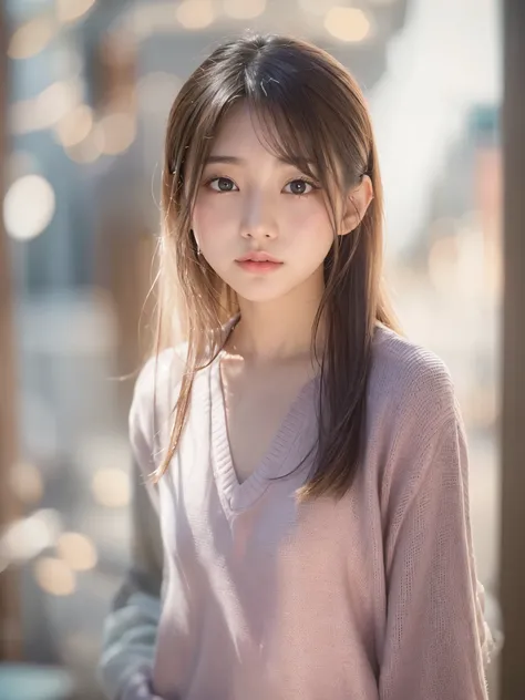 A photograph of an 18-year-old super cute Japanese girls face, subtle gradient shadows, natural pose, straight-on angle, blurred soft background. softly blurred pastel colors, complementing her hair gradient.