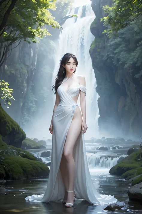 A woman in a white dress is walking in the stream, Concept art inspired by WLOP, Winner of the CGosociety competition, Fantasy Art, Pan Chengwei on artstation, cgsociety and fenghua zhong, Beautiful full body concept art, wlop rossdraws, Dawn CG Club, Fant...