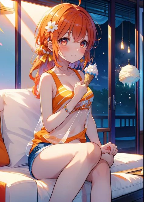 Takahai Chige,Orange Hair,Red eyes,smile,blush,Open your mouth,Long Hair,Ahoge,Orange tank top,Shorts,barefoot,Holding and eating ice cream with both hands,Sitting on the sofa,Daytime,Clear skies,　　　　　　　　　　　　　　　break indoors, room, 　　　　　　　　　　　　　break looki...