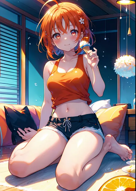 takahai chige,orange hair,red eyes,smile,blush,open your mouth,long hair,ahoge,orange tank top,shorts,barefoot,holding and eatin...