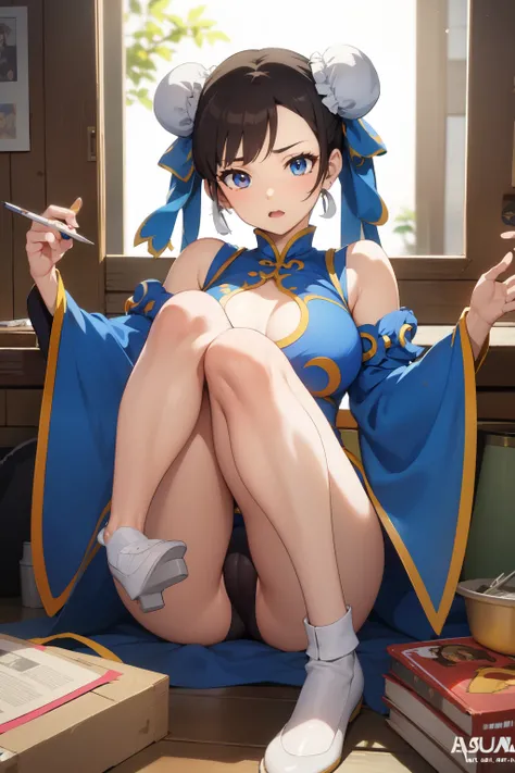 Chun li, anime, very worn clothes, clothes worh many holes, kick up