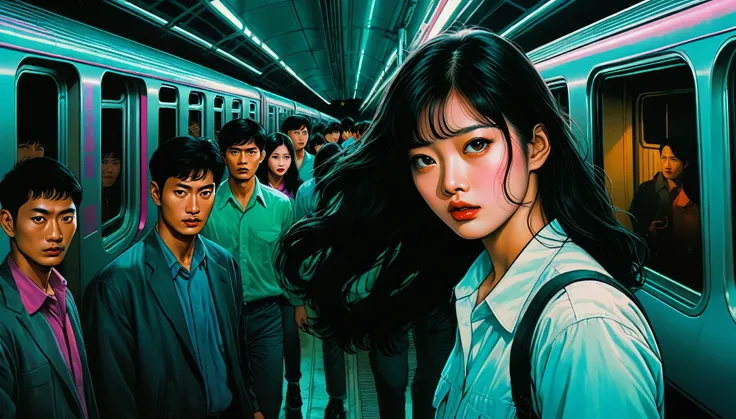 An illustration、art、80s Thai horror movie poster, Supervised by Junji Ito、(train:1.2)、High 、Attention to detail, Realistic Shadows、Analog Style, chromatic aberration, Surrealism、Complementary Gradient
