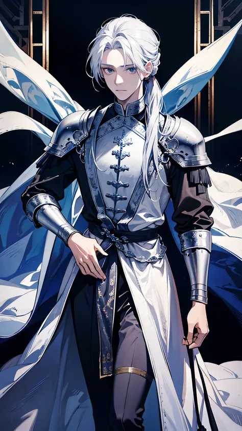 A knight around 25 years old wearing silver armor and a swordsman with long silver hair tied in a ponytail.