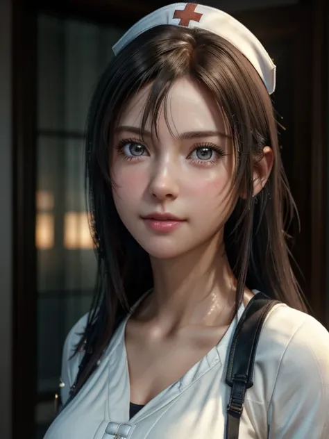 Tifa Lockhart, put index finger on mouth, Revealing nurse uniform, Super detailed, (detailed face), detailed eyes, full body, (soft smiling:0.8), natural skin texture, Her face is incredibly beautiful, Sexiest Looks, natural soft lighting, (masterpiece:1.2...