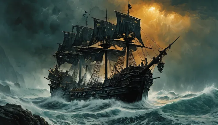 Impactful paint of a large menacing pirate ship on a stormy sea on rocks, highly detailed, 8k, sharp, professional, clear, high contrast, vivid deep blacks, crystal clear