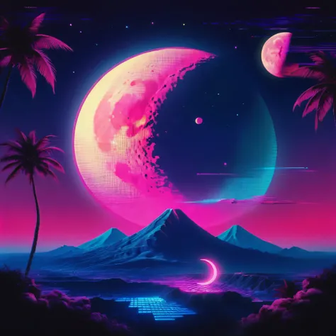 record,Vaporwave aesthetic style, Synthwave,moon
