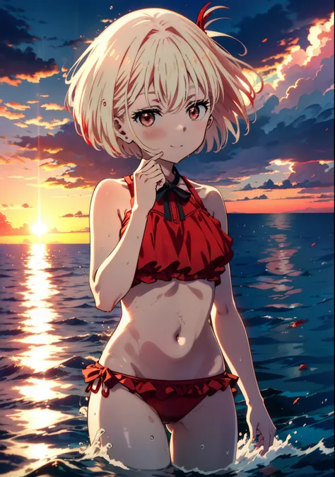 chisato nishikigi, short hair, bangs, Blonde, smile,(Red eyes:1.5),Hair Bun, double Hair Bun,Short Hair,smile,Red frilly bikini swimsuit,barefoot,Wet Skin,Wet swimsuit,Wet Hair,Water Play,evening,sunset,The sun is setting,Calm waves,
break outdoors,Beach...