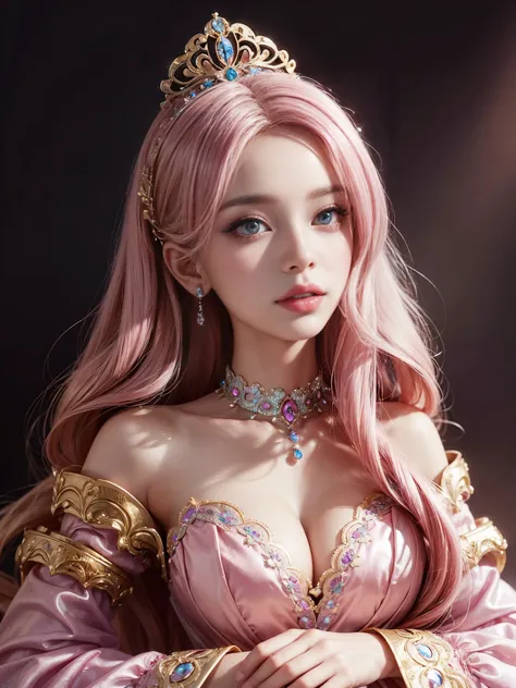 ((masterpiece, best quality)), intricate details, （Barbie pink background）），barbiecore，A princess，cabellos largos dorados，Kizi，delicated face,big breasts,perfect colorful eyeshadows, perfect colorful makeup