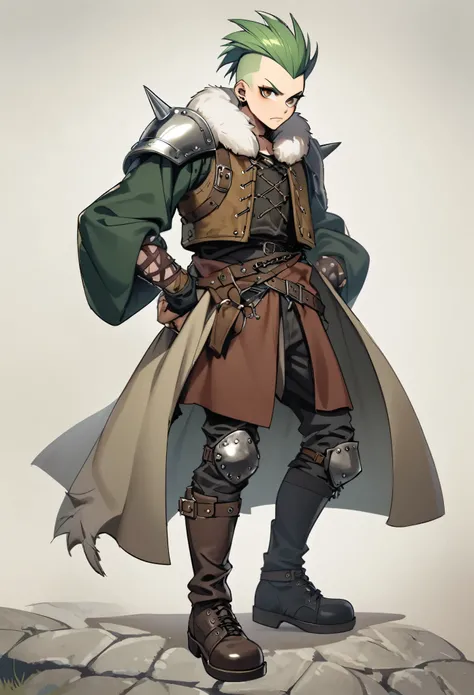 Guy, punk, green hair, Mohawk hairstyle, brown eyes, thin, bony, hunchback, medieval clothes, jacket with fur collar, different shoes, a boot on one leg, a boot on the other, knee pads and shoulder pads with spikes, full height, solo