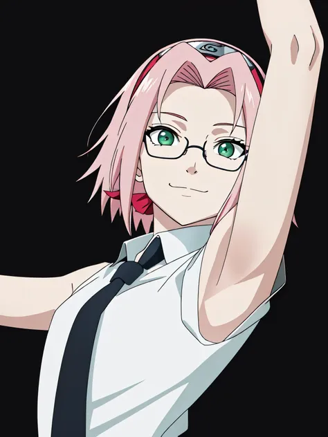 haruno sakura, pink hair, short hair, green eyes, (small breasts:1.1), hairband, office lady, glasses, tie, necktie, (black neck...