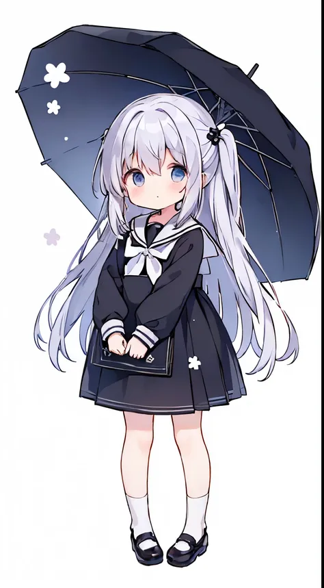 ((masterpiece，Top image quality，high quality，best quality))Light purple gray hair，black eyes，Black sailor suit，Cute little，，Girl 1，shoe，Standing picture，Background white，Put your hands down，(Pure white background)，(Bright spots in the eyes，)，No background，...