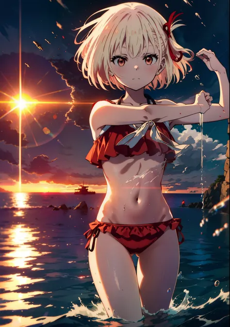  chisato nishikigi, short hair, bangs, Blonde, smile,(Red eyes:1.5),hair ribbon, One side up, Bobcut,smile,Red frilly bikini swimsuit,barefoot,Wet Skin,Wet swimsuit,Wet Hair,Water Play,evening,sunset,The sun is setting,Calm waves,
break outdoors,Beach,
bre...