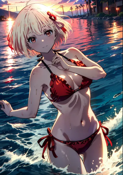  chisato nishikigi, short hair, bangs, Blonde, smile,(Red eyes:1.5),hair ribbon, One side up, Bobcut,smile,Red frilly bikini swimsuit,barefoot,Wet Skin,Wet swimsuit,Wet Hair,Water Play,evening,sunset,The sun is setting,Calm waves,
break outdoors,Beach,
bre...