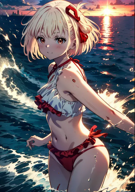  chisato nishikigi, short hair, bangs, Blonde, smile,(Red eyes:1.5),hair ribbon, One side up, Bobcut,smile,Red frilly bikini swimsuit,barefoot,Wet Skin,Wet swimsuit,Wet Hair,Water Play,evening,sunset,The sun is setting,Calm waves,
break outdoors,Beach,
bre...