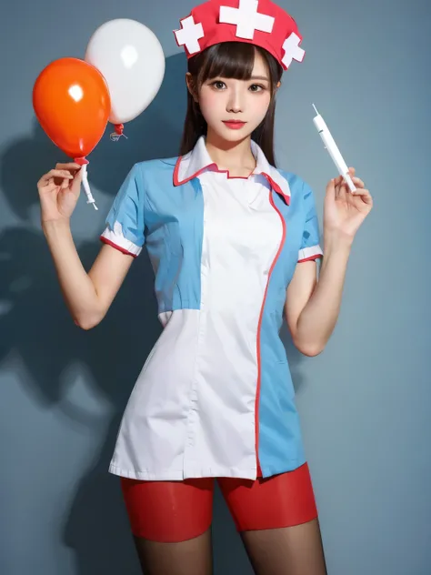 nurse  and cap, holding syringe，balloon，tights，