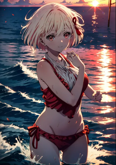 chisato nishikigi, short hair, bangs, Blonde, smile,(Red eyes:1.5),hair ribbon, One side up, Bobcut,smile,Red frilly bikini swimsuit,barefoot,Wet Skin,Wet swimsuit,Wet Hair,Water Play,evening,sunset,The sun is setting,Calm waves,
break outdoors,Beach,
bre...