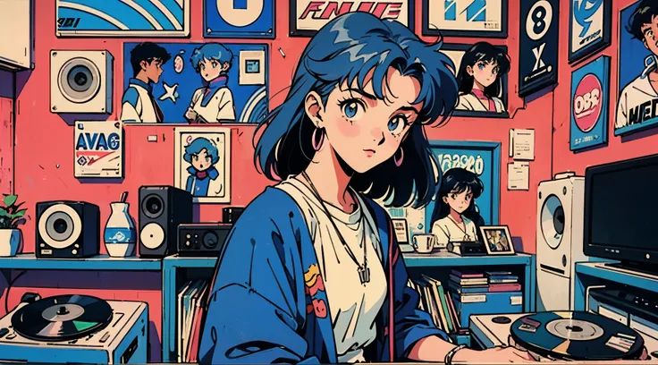 anime girl with blue hair playing music in a nostalgic room with record decks, 8 0 s anime vibe, lofi girl, 8 0 s anime art styl...