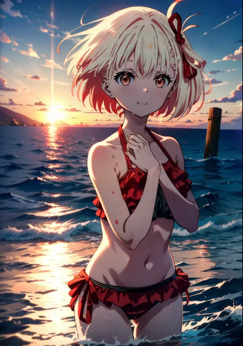  chisato nishikigi, short hair, bangs, Blonde, smile,(Red eyes:1.5),hair ribbon, One side up, Bobcut,smile,Red frilly bikini swimsuit,barefoot,Wet Skin,Wet swimsuit,Wet Hair,Water Play,evening,sunset,The sun is setting,Calm waves,
break outdoors,Beach,
bre...