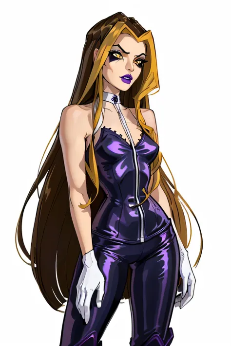 (darcy), yellow  eyes, brown hair with blonde streaks, very long hair, (hexenoutfit), (the picture, purple lips, lila body, slee...