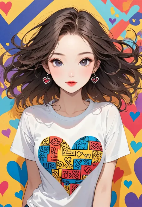 Keith Haring colorful style, Simple Line Initialism，Abstract art，(((The most beautiful girl of all time))), Sweet face. Lips in love, colorful hearts, stylish design, 夏のオシャレなTシャツ, 黒い瞳, walking, New York city