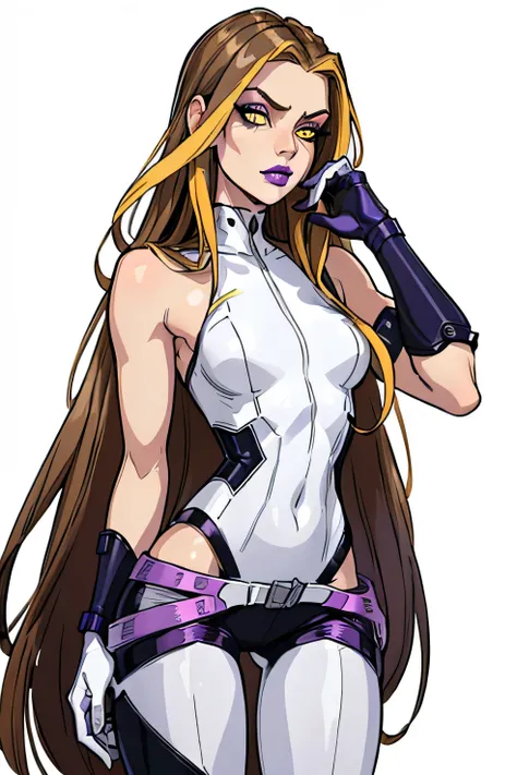 (darcy), yellow  eyes, brown hair with blonde streaks, very long hair, (hexenoutfit), (the picture, purple lips, lila body, slee...