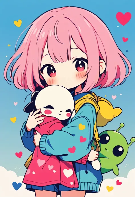 Momoko Sakura colorful style, Simple Line Initialism，Abstract art，Kawaii Design, The most beautiful girl of all time、chibi, (((Hug Cute humanoid alien))), (((Cute humanoid aliens))), colorful hearts, summer version,