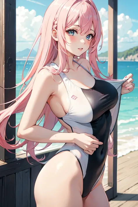 high school girl，Lewd，White swimsuit，Pink Hair，Sexy pose
