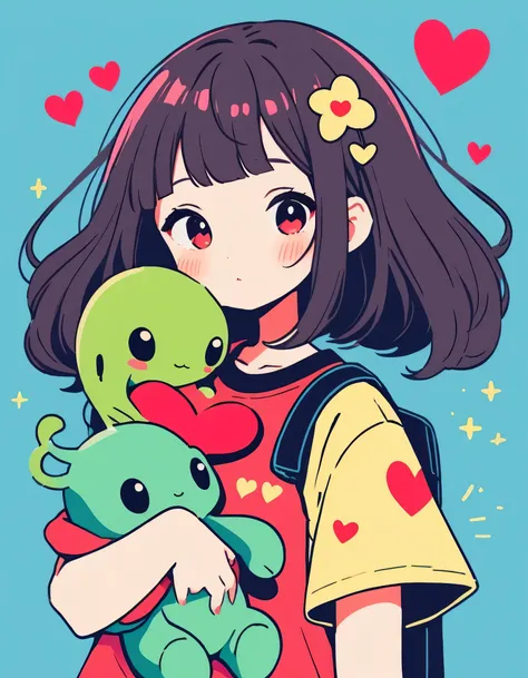 Momoko Sakura colorful style, Simple Line Initialism，Abstract art，Kawaii Design, The most beautiful girl of all time、chibi, (((Hug Cute humanoid alien)), (((Cute humanoid alien))), colorful hearts, Stylish summer t-shirts