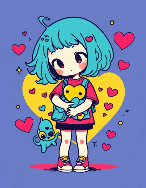 Keith Haring colorful style, Simple Line Initialism，Abstract art，Kawaii Design, The most beautiful girl of all time、chibi, (((Hug Cute humanoid alien)), (((Cute humanoid alien))), colorful hearts, Stylish summer t-shirts