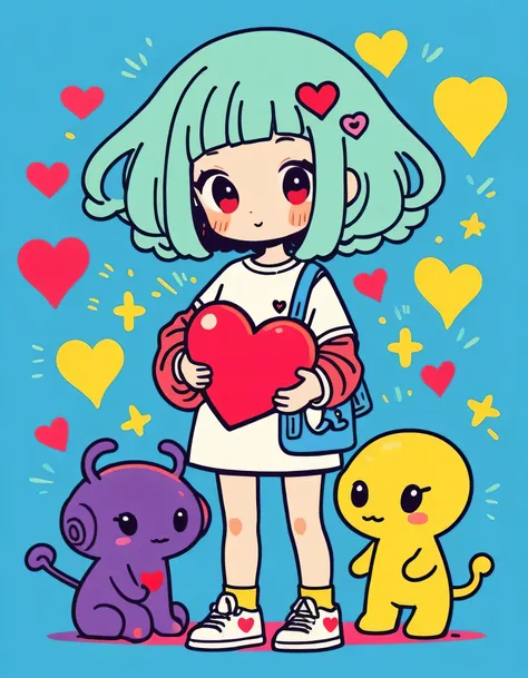 Keith Haring colorful style, Simple Line Initialism，Abstract art，Kawaii Design, The most beautiful girl of all time、chibi, (((Hug Cute humanoid alien)), (((Cute humanoid alien))), colorful hearts, Stylish summer t-shirts