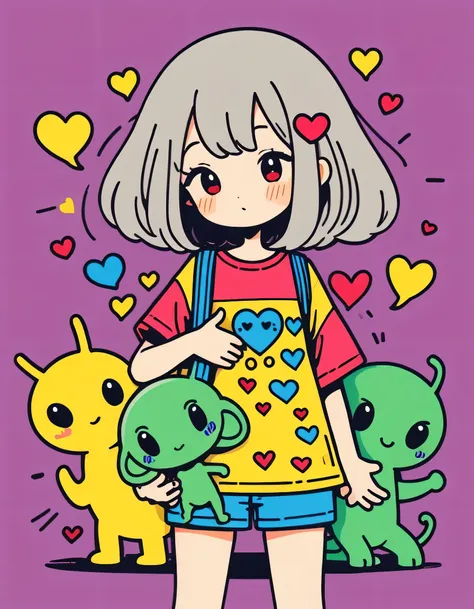 Keith Haring colorful style, Simple Line Initialism，Abstract art，Kawaii Design, The most beautiful girl of all time、chibi, (((Hug Cute humanoid alien)), (((Cute humanoid alien))), colorful hearts, Stylish summer t-shirts