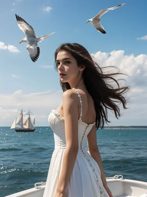 a woman, solo, long hair, black hair, dress, standing, sharp focus, outdoors, sky, day, cloud, water, clothes lift, from behind, blue sky, dutch angle, Victorian era, inspired by Milo Manara, seagulls, ocean, traditional media, beach, watercraft, ship, wav...