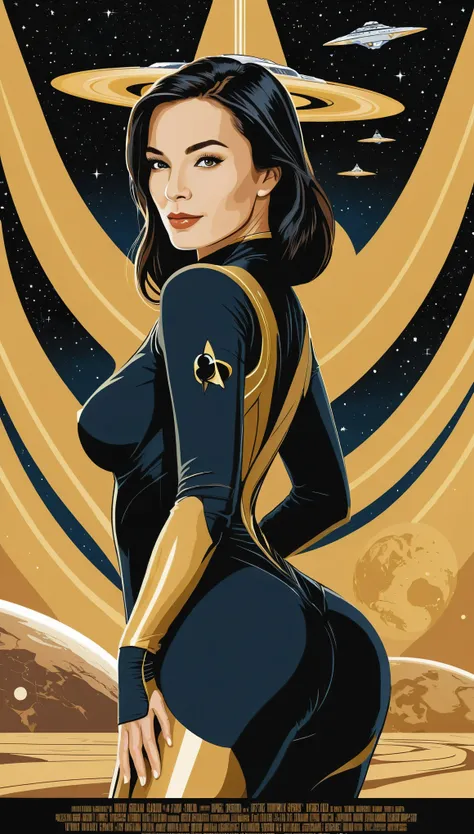 (masterpiece:1.2),(black and gold bicolor vector art:1.5),jody berghsma style,(vector flat:1.2),(sci-fi movie posters:1.6),sexy ...