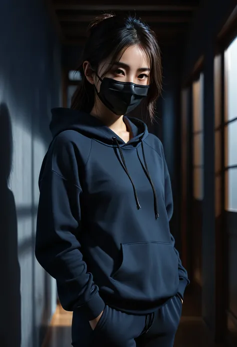 masterpiece, best quality, extremely detailed CG unity 8k wallpaper, 1 girl asian, simple black clothes, black hoodie, black sweatpants, dark blue mask from ear to ear, realistic, photorealistic, photo-realistic:1.37, cinematic lighting, dramatic lighting,...