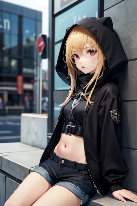 1 girl, adolescent, black hood, blue shorts, long and blond hair, 