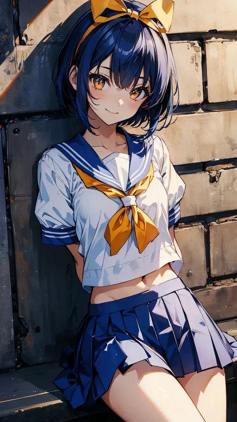 smile,asuka, orange eyes, short hair, blue hair, hair ribbon, , serafuku, sailor collar, short sleeves, yellow bow, blue skirt, pleated skirt,Leaning against a wall,(leg up),panty shot,white panty,masterpiece,Noise Reduction,perfect anatomy,high resolution...