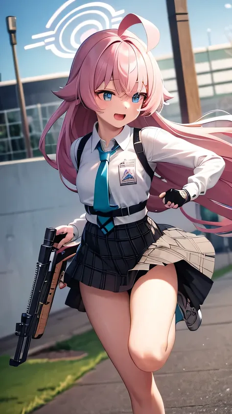 masterpiece, best quality, high quality, detailed, ultra detailed, insanely detailed, FHD, Full-HD, highres, running at full speed, looking ahead, petite, short, shooting a gun in front of her, with a shield