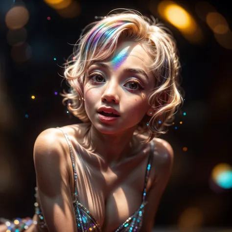 8k, High-level, absurd, masterpiece, best quality, primitive, very detailed CG, very detailed wallpaper, perfect lighting, Extremely detailed (((The personifying "Marilyn Monroe" as a TinyGirl))), MysticSight, Tyndall effect, Tyndall scattering, (Studio gr...