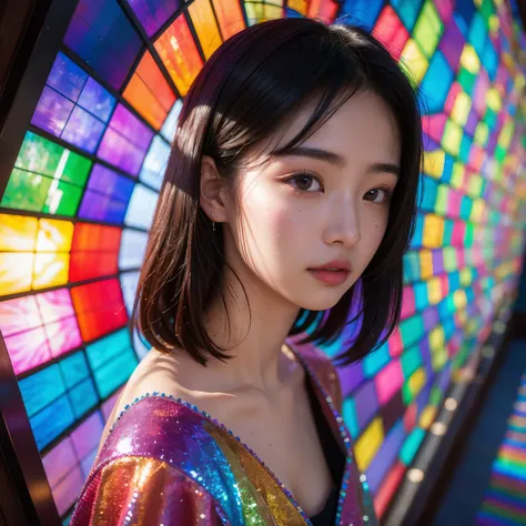 highest quality, 8K resolution, masterpiece, Professional photography, 20yo Japanese woman, The background is Elaborate colorful stained glass, Enchanting atmosphere, Rainbow Glass