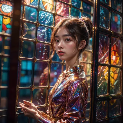 TopQuality 8K masterpiece of Professional photography, 20yo Japanese woman, The background is distant (Elaborate colorful stained glass), Enchanting atmosphere, Rainbow Glass