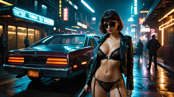 (((aerial view))), Blade Runner style year 1920s dark night street, neon lights, old cars, train. (((1girl, solo, alone))), large-breast:1.2 slim:0.7 body, cleavage:1.1, sexy lingerie with jacket, (black sunglasses), (((she raised a pistol:1.8 and shot:1.8...