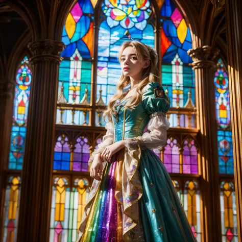 TopQuality 8K masterpiece of Professional photography, ((Lady Clarisse de Cagliostro)), The background is distant (Elaborate colorful stained glass), Enchanting atmosphere, Rainbow Glass